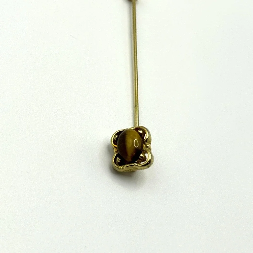 Vintage Empress Genuine Tiger Eye Gemstones Lapel Stick Pin Gold Tone Antique